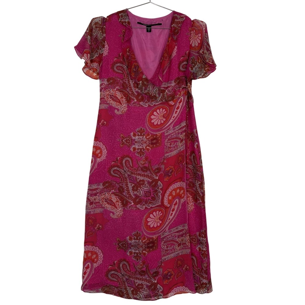 ISDA&CO Dress Womens Small Pink Paisley Silk Wrap Midi Lined Flutter V‎ Neck